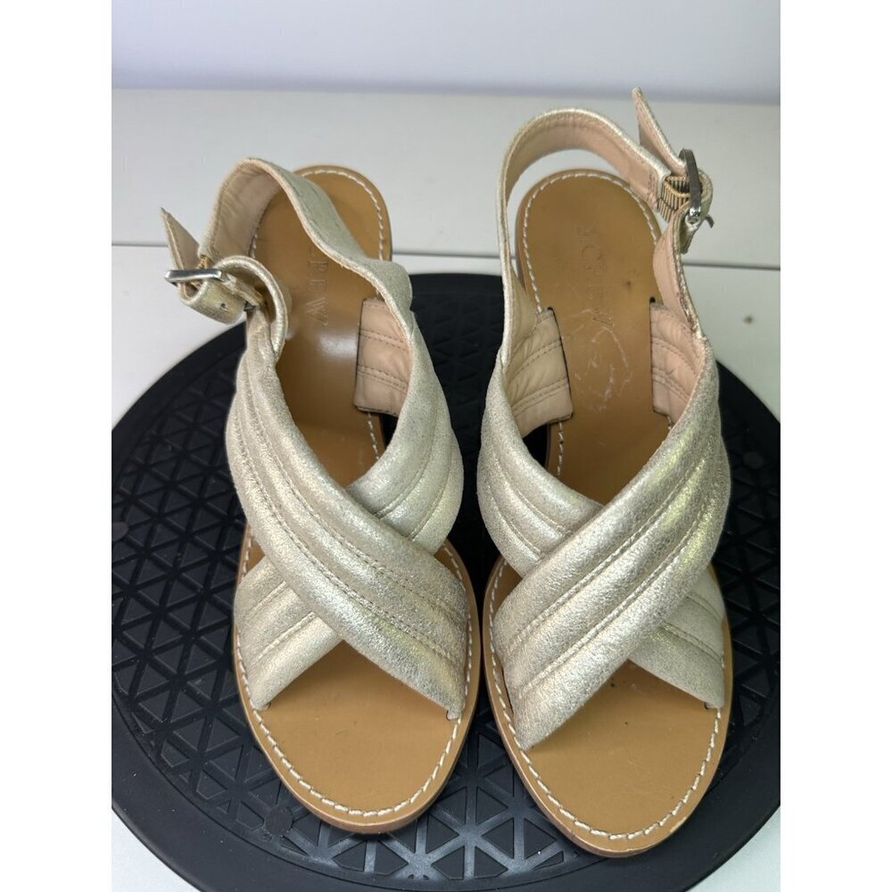 J. Crew Low Block Heel Sandals Ankle Strap Leather Sz 6 Gold - Picture 5 of 10